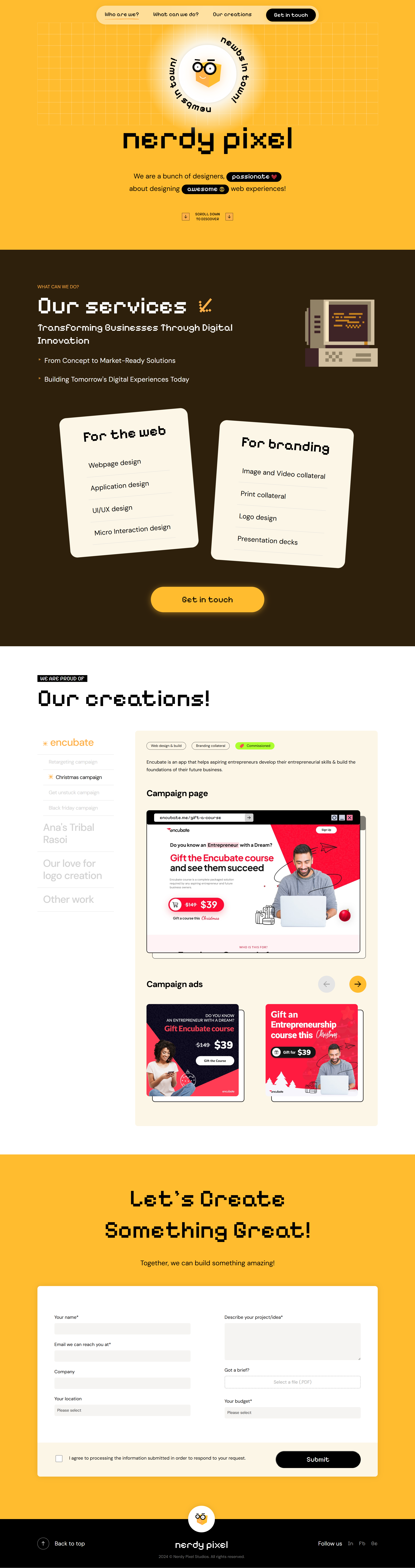 NerdyPixel Studios hero with tagline and primary CTA.