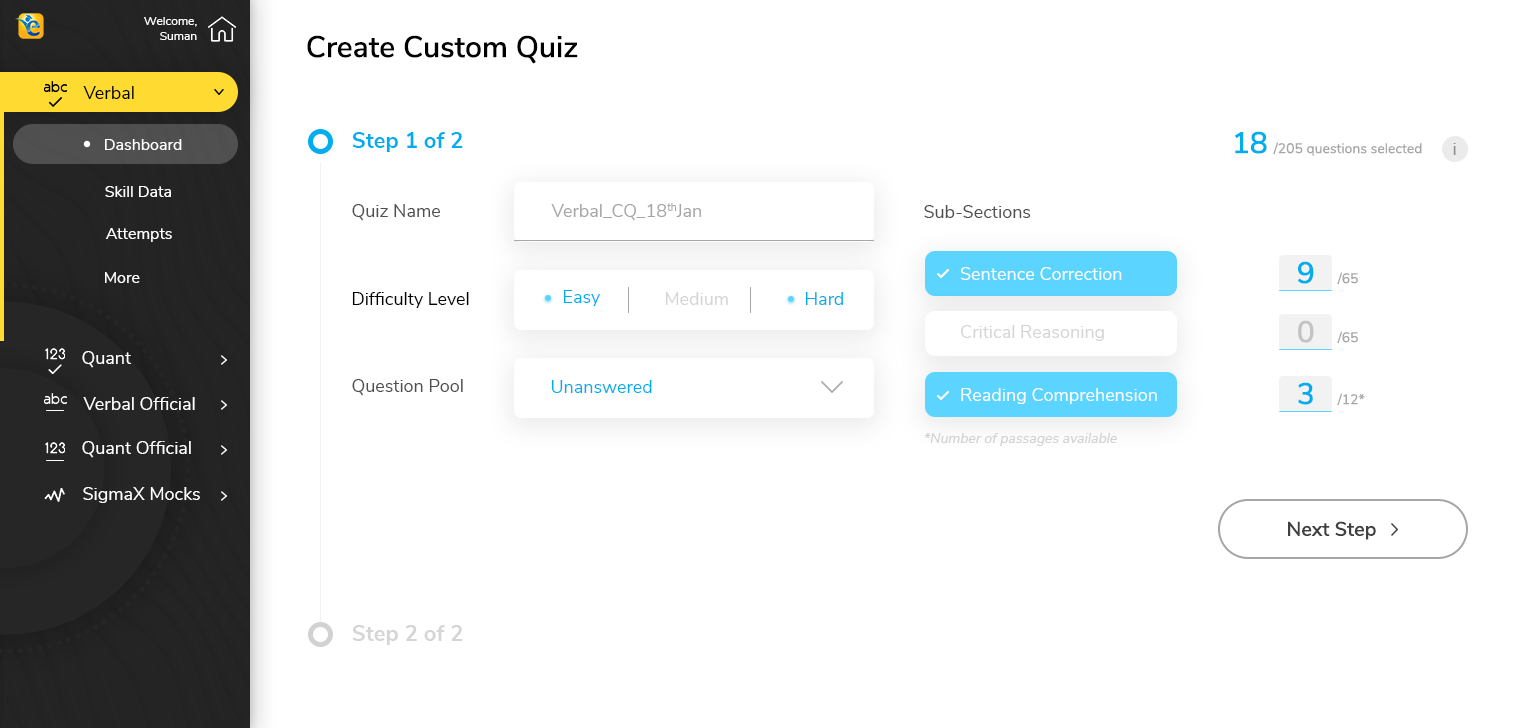 Scholaranium custom-quiz builder step one: choosing subsection, difficulty, and source.
